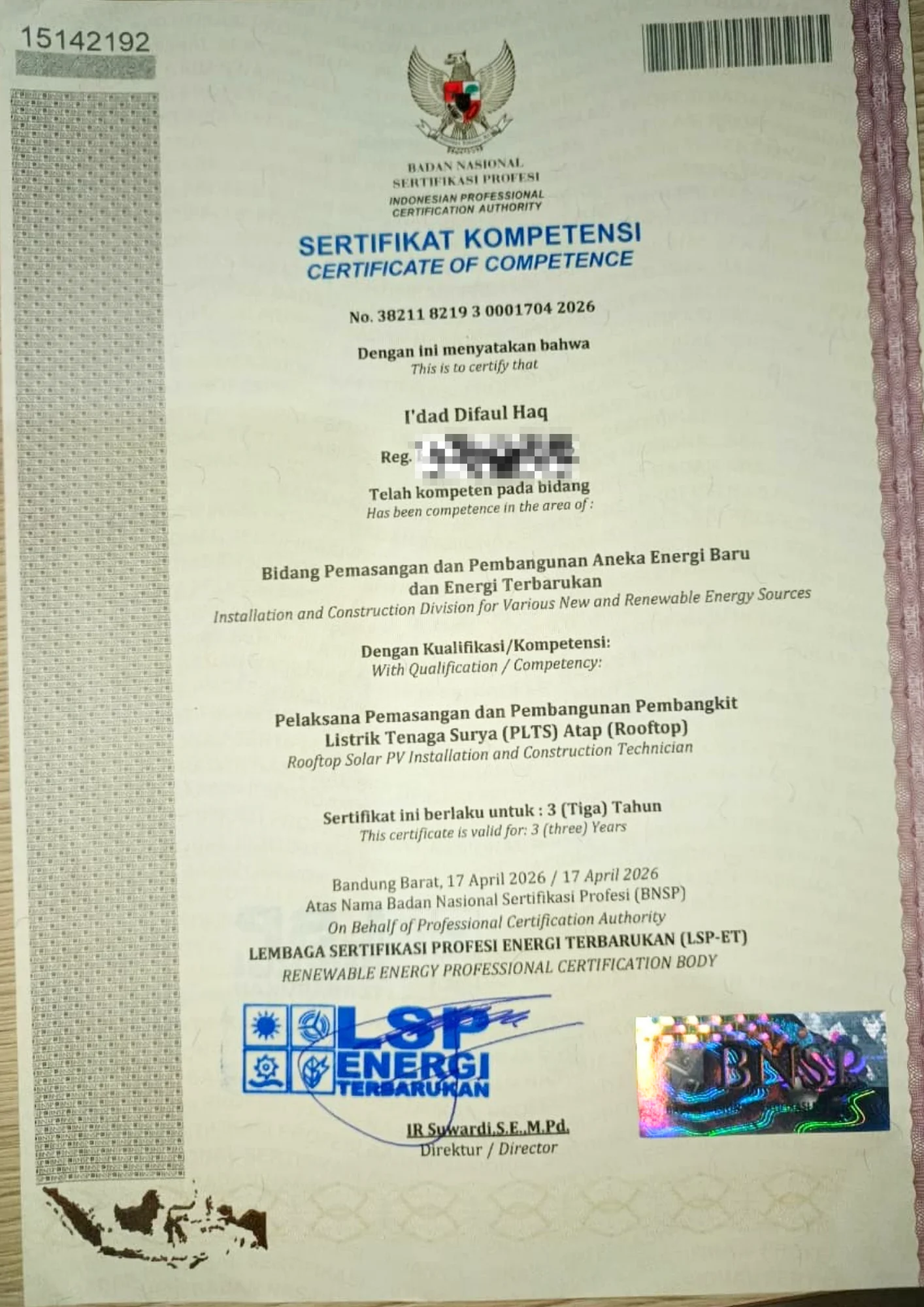 Sertifikat kompetensi I'dad Difaul Haq - Pelaksana pemasangan dan pembangunan PLTS rooftop