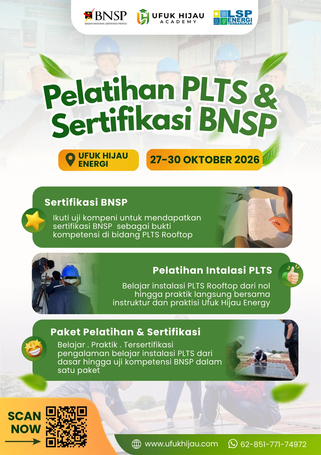 Flyer Pelatihan PLTS & Sertifikasi BNSP Batch 3 Ufuk Hijau Academy, 27-30 Oktober 2026